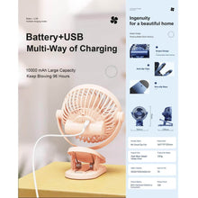 Portable USB desktop fan with 10000 mAh battery, adjustable clip, and long-lasting power for cooling anywhere.