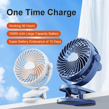 Portable USB desk fan with 10000 mAh battery, providing 96 hours of cooling performance in white and blue.