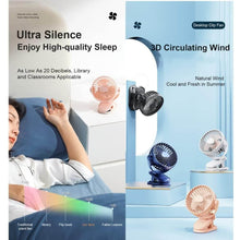 Portable clip-on fan promoting ultra-silent operation, ideal for sleep in libraries and classrooms with 3D circulating wind.
