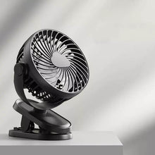 Portable super airflow clip-on fan with 360° rotation, perfect for home or travel use.