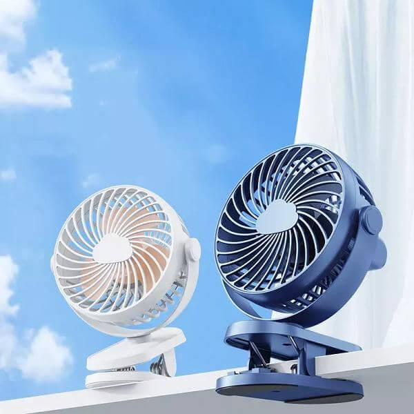 Portable Clip-On Fans in white and navy, perfect for desk use, featuring 360° rotation and quiet airflow for any space.